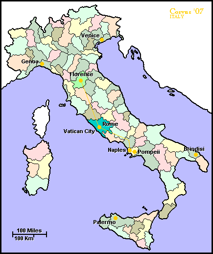 Map of Italy showing general tour routes for Corvus '07.  You may click this map to begin the Corvus '07 Tour.